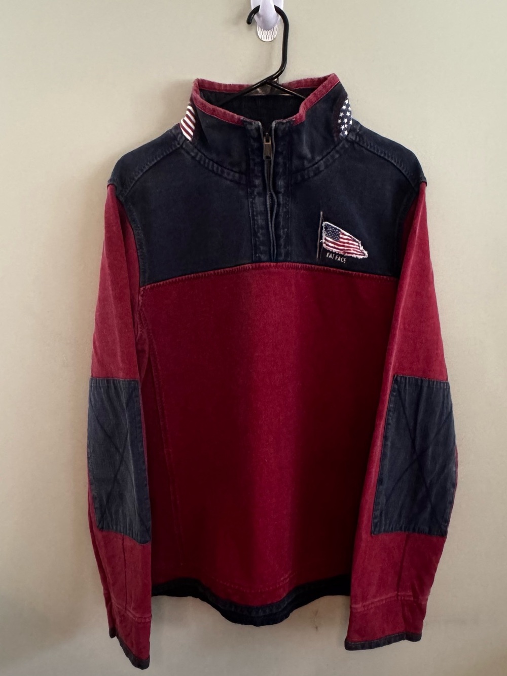 FatFace The Airlie USA Flag Quarter Zip Sweatshirt Men’s L Red Navy
